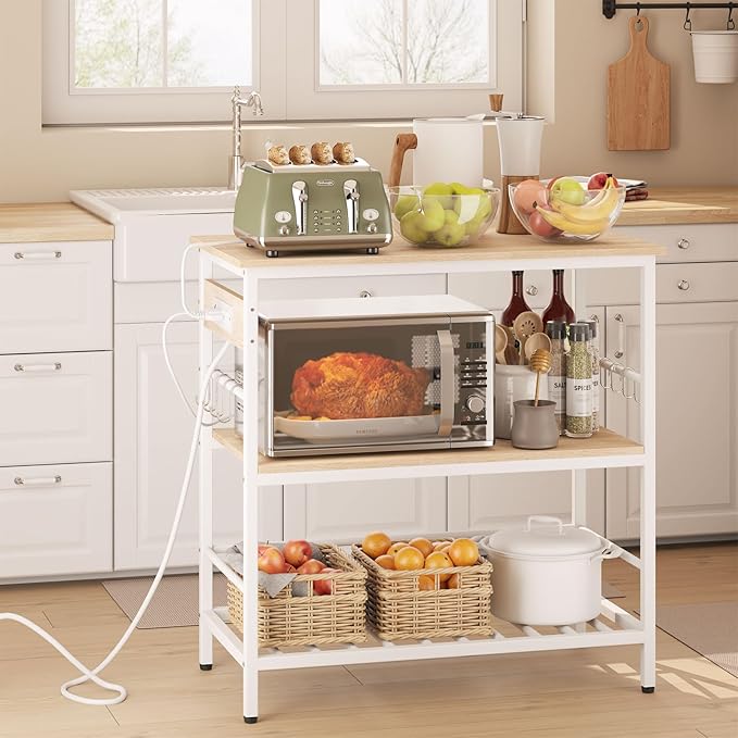 IBUYKE Kitchen Island with Storage, Bakers Rack with Power Outlet,Microwave Stand with Large Worktop,Rolling Bar Cart for Home, Outdoor, Kitchen,Light Wood TMJ029R-Ruum Studio Home
