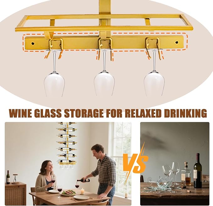 8 Bottle Wall Mount Wine Rack with Wine Glass Holder, Metal Wine Wall Rack, Wall Racks for Wine Bottles Display and Storage, Hanging Bottle Organizer for Living Dining Room Wine Cellar Bar (Gold)-Ruum Studio Home