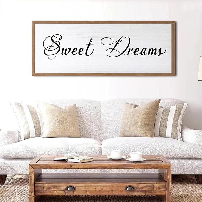 Sweet Dreams Wall Decor Above Bed 32x12 Inch Large Master Bedroom Hanging Wood Rustic Framed Farmhouse Sweet Dreams Sign Guest Room Aesthetic And Minimalist Over Bed Wall Art（Wood White）-Ruum Studio Home