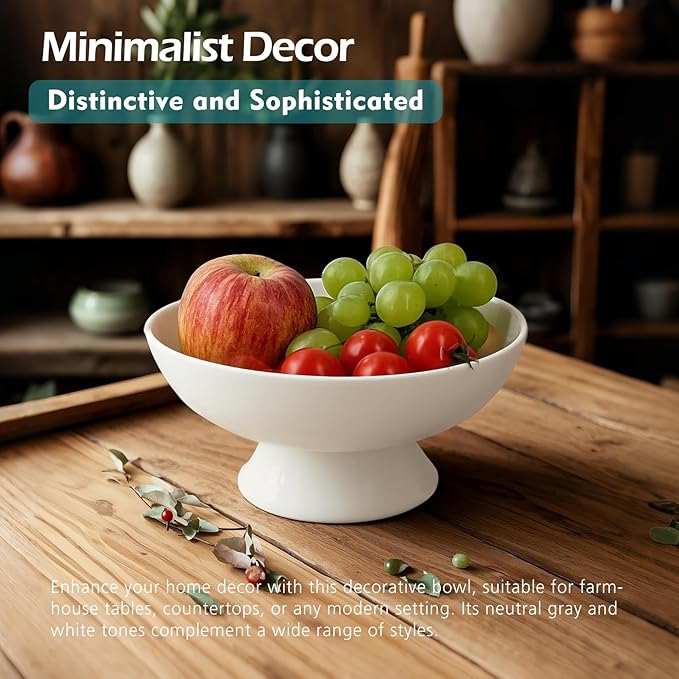 White Pedestal Decorative Bowl - 8" Minimalist Decorative Fruit Bowl for Kitchen Counter, Entryway,Multi-Purpose Centerpiece bowl for Bread, Snacks, Candy, Perfect for Housewarming &Wedding Gift-Ruum Studio Home