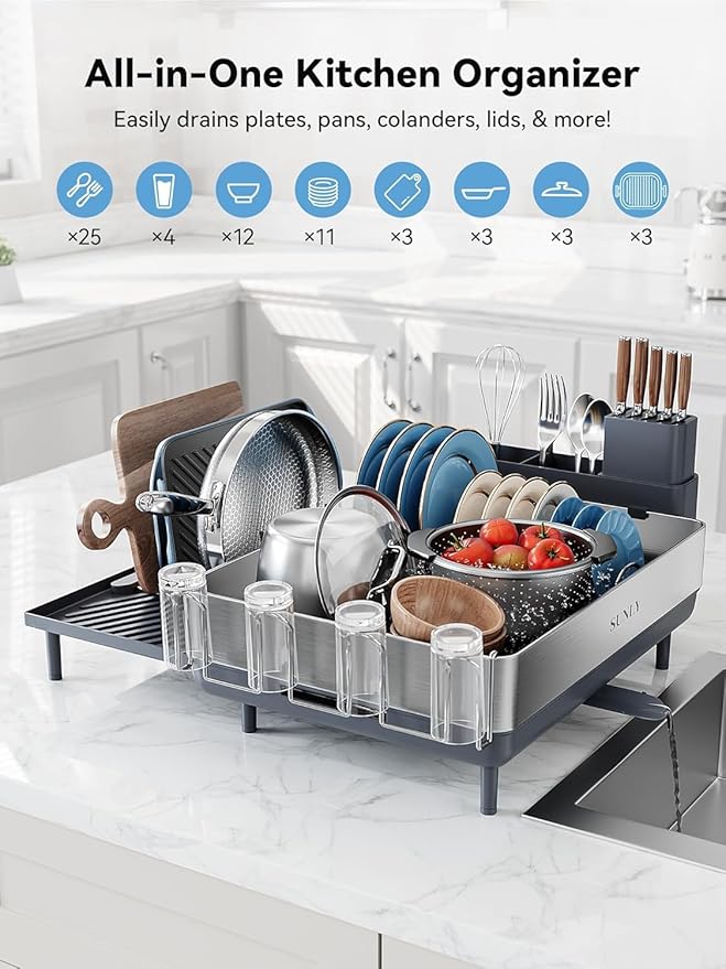 SUNLY Large Dish Drying Rack, Expandable Dish Racks for Kitchen Counter, Space Saving 304 Stainless Steel Drying Rack Kitchen, Extra Large Drainer with Multifunctional Flip Up Pegs, Gray-Ruum Studio Home