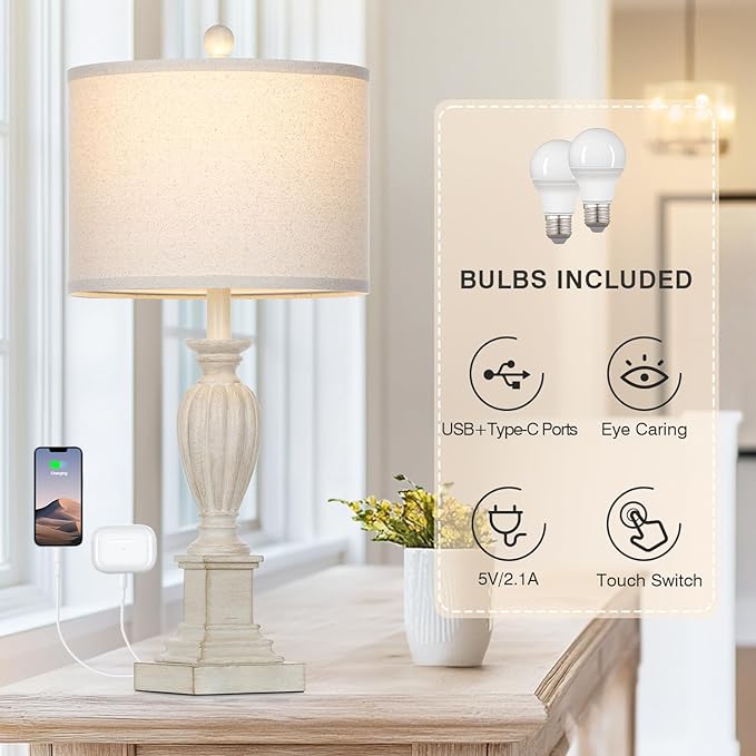 27" Farmhouse 3 Way Dimmable Touch Table Lamp Set of 2 Rustic Classic Bedside Nightstand Wood Lamps for Living Room Bedroom with USB C+A Ports Washed White (2 Bulbs Included)-Ruum Studio Home