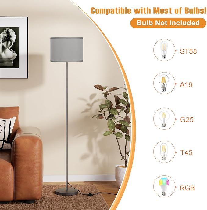 Ambimall 60'' Modern Floor Lamp with Shade, Tall Lamps for Living Room, Bedroom, Office, Dining Room, Gray Shade with Deep Gray Pole(Without Bulb)-Ruum Studio Home