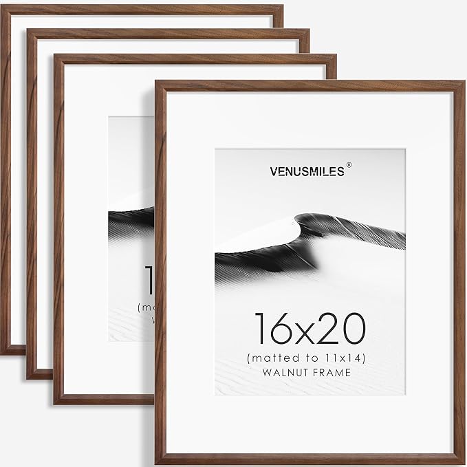 16x20 Picture Frame Set of 4 Natural Solid Walnut Photo Frames with 11x14 Removable Mat Wall Hanging Large Handcrafted Frame with HD Plexiglass Wall and Tabletop Display Large Poster Frame-Ruum Studio Home