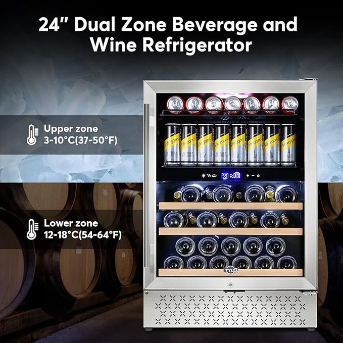 Tylza Dual Zone Wine Fridge, 24 Inch Wine and Beverage Refrigerator Built-in or Freestanding, Wine Beer Fridge Under Counter, Wine Cellar with Stainless Steel and Temperature Memory Function-Ruum Studio Home