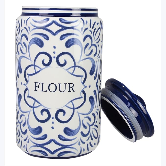 Young's Inc. 4 Pcs Set Talavera Ceramic Canisters- Storage Container for Kitchen and Bathroom - Beautiful Home Decor Accent to Store Food, Coffee, Tea, and More - White, Blue-Ruum Studio Home
