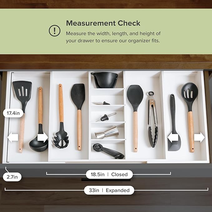 Adjustable Kitchen Drawer Organizer for Utensils and Junk, Food-Safe Contract Grade with 100% Sustainable Wood, Expandable from 19 to 33 Inches Wide - White Bamboo-Ruum Studio Home