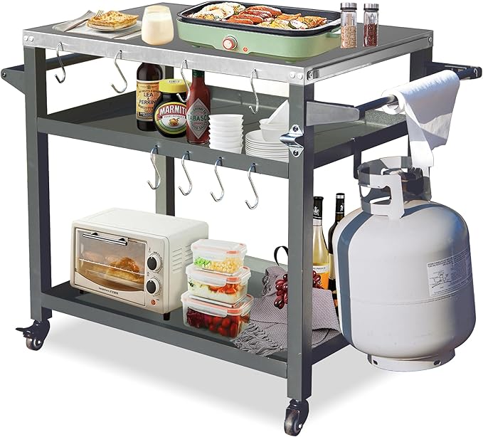 Domi 3-Shelf Outdoor Grill Table, Grill Cart Outdoor with Wheels, Pizza Oven and Food Prep Table, Blackstone with Stainless Steel Tabletop, BBQ Stand for Blackstone Griddle for Outside BBQ-Ruum Studio Home