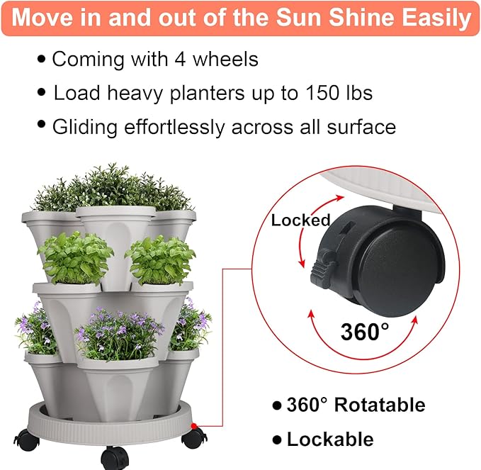 Vertical Planter 3 Tier Stackable Planters Garden Planters Strawberry Herb Flower and Vegetable Planter Indoor Outdoor Gardening Pots with Removable Wheels and Tools 2-Pack-Ruum Studio Home
