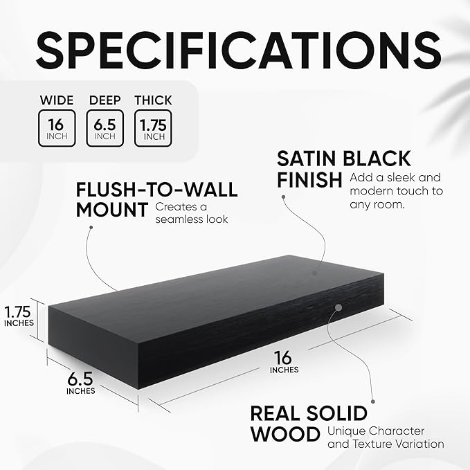 Homeforia 16 inch Black Floating Shelves, High End Solid Real Wood 16inch Bathroom Floating Shelves for Wall Mounted, 16in Wooden Small Floating Shelf, Heavy Duty Bracket, 16 X 6.5 X 1.75 in, Set of 4-Ruum Studio Home