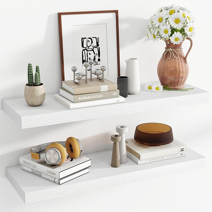 36 Inch Floating Shelves, 12 Inch Deep Floating Shelves for Wall, Floating Shelf with Invisible Brackets, Large Deep Wall Shelves for Bathroom, Bedroom, Living Room, 2 Pack, White-Ruum Studio Home