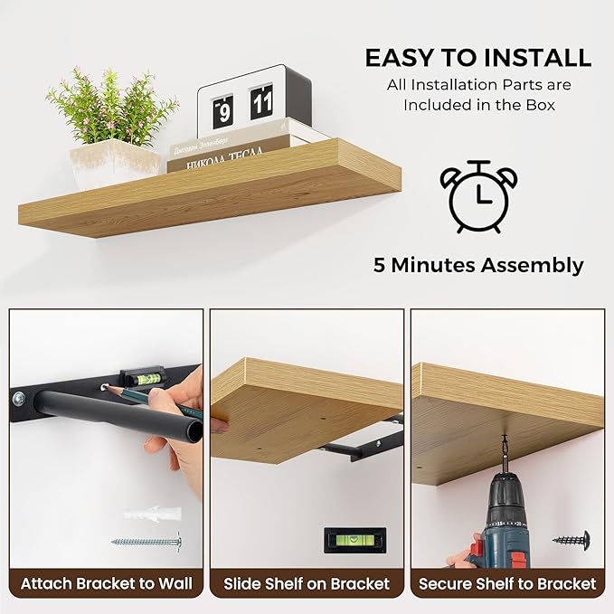 24 inch Floating Shelves Long Floating Shelves for Wall Large Wall Mounted Shelves with Invisible Brackets, Oak Shelves for Bathroom, Living Room, Kitchen, Office, 24x6.7 inch deep Set of 2-Ruum Studio Home