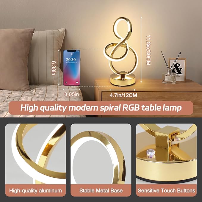 Modern Table Lamp, LED Bedside lamp with USB C+A ports, Touch Stepless Dimmable Nightstand lamp, Unique Spiral Table lamp for Bedroom Living Room Home Office, Spiral lamp for Ideal Gift, Gold-Ruum Studio Home