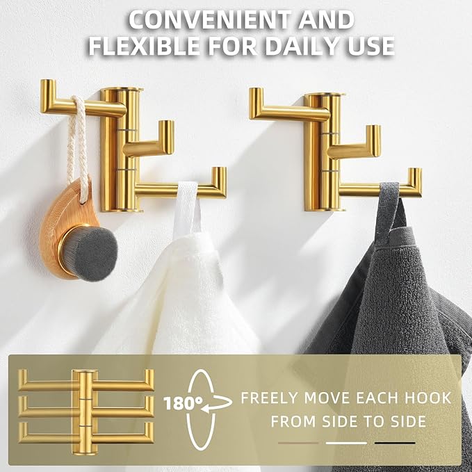 Angle Simple Towel Hooks Swivel, SUS 304 Stainless Steel 3 Arms Foldable Hand Towel Holder, Coat Hooks, Brushed Gold, 2 Pack-Ruum Studio Home