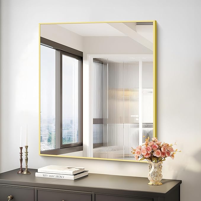 Gold Bathroom Mirror for Wall, 30x36 Inch Rectangle with Metal Frame, Modern Vanity for Bathroom Living Room, Entryway Hangs Horizontal or Vertical-Ruum Studio Home