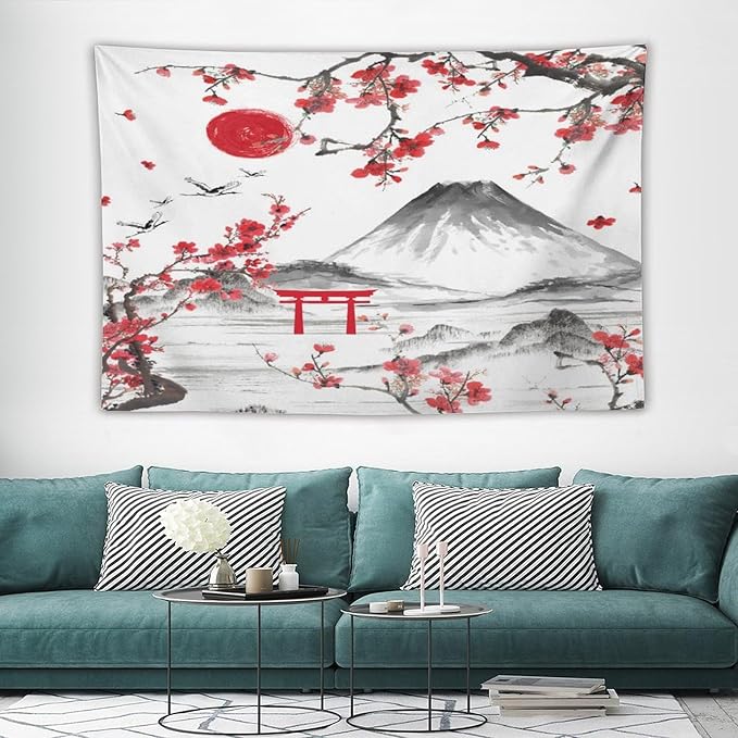 Red Cherry Blossoms Tapestry, Japanese Fuji Mountain Tapestry, Asian Japanese Wall Tapestry, Nature Landscape Tapestries for Bedroom Living Room Decor 60"x40"-Ruum Studio Home