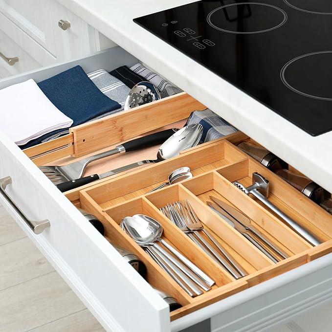 7 Pcs Adjustable Bamboo Drawer Dividers Expandable Drawer Organizers Cutlery Tray Spring Separators Organization for Kitchen Bedroom Bathroom Dresser Office-Ruum Studio Home