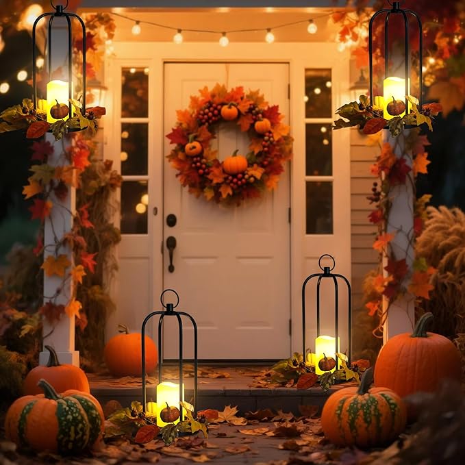Fall Decor Lanterns Outdoor, 14" Waterproof Decorative Lantern Indoor Decor Metal Hanging Candle Holder LED Flameless Candle Lantern for Patio, Porch, 2 Packs-Ruum Studio Home