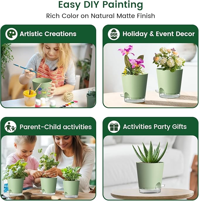 4 inch Self Watering Pots for Indoor Plants, 5 Pack Small Flower Plant Pots with Drainage Holes and Clear Reservoirs, Visible Water Level, Plastic Planters with Wicking Rope, Green-Ruum Studio Home
