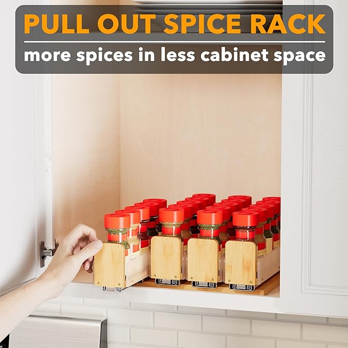 SpaceAid Bamboo Pull Out Spice Rack Organizer for Cabinet, Heavy Duty Slide Out Seasoning Kitchen Pantry Sliding Vertical Organization, 10.1" Wide, 4 Drawers(2" Wide), 1-Tier, Natural-Ruum Studio Home