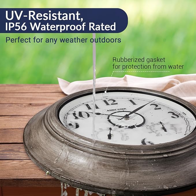 Andy Star 21 Inch Large Luminous Outdoor Wall Clock and Temperature for Patio, Pool, Oversized Round Wall Clocks Waterproof, Vintage Brushed Gray Oak Wooden Finish Silent Non Ticking-Ruum Studio Home