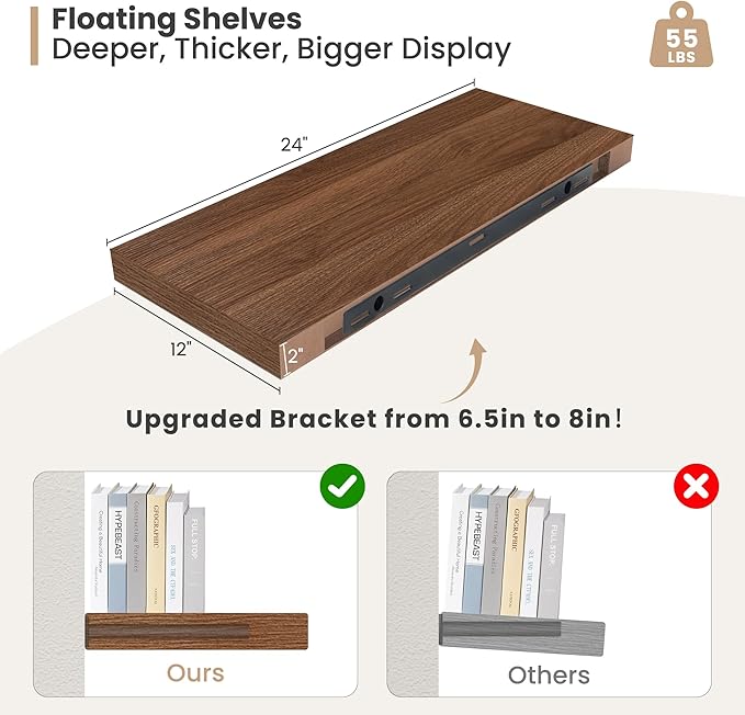 Heimlove 24 x 12 Inch Deep Floating Shelves Wall Mounted with Invisible Brackets,Storage Hanging Shelf for Wall Decor in Bathroom, Bedroom, Toilet, Kitchen, Living Room, Office Set of 2 (Walnut)-Ruum Studio Home