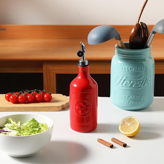 Sweejar 16 Oz Ceramic Olive Oil Dispenser Bottle, Oil Dispenser for Kitchen with Gravity Spout, Relief Opaque Oil Container for Evoo, Avocado Oil, Vinegar, Soy Sauce, 1 Pack(Red, Silver Spout)-Ruum Studio Home