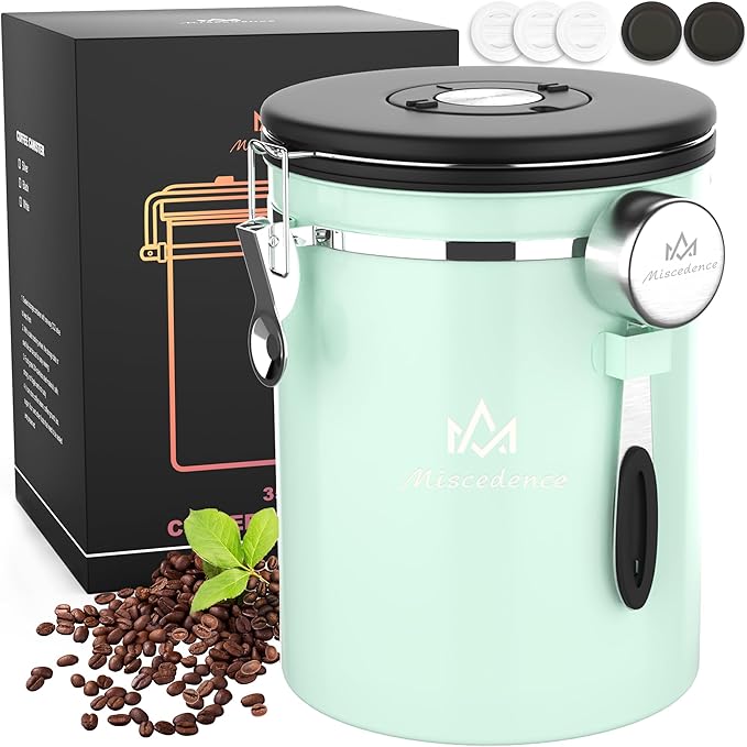 35OZ Coffee Canister for ground coffee with Date Tracker,Mint Green 304 Stainless Steel Kitchen Food Airtight storage container for Coffee Beans or Grounds, Tea, Sugar-Ruum Studio Home