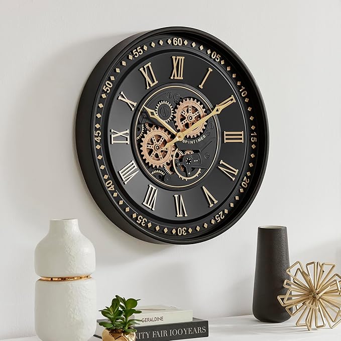 CLXEAST 24 Inch Wall Clock with Moving Gears, Black Gold Roman Numeral Wall Clocks for Modern Farmhouse Living Room Decor,House Warming Gifts New Home-Ruum Studio Home