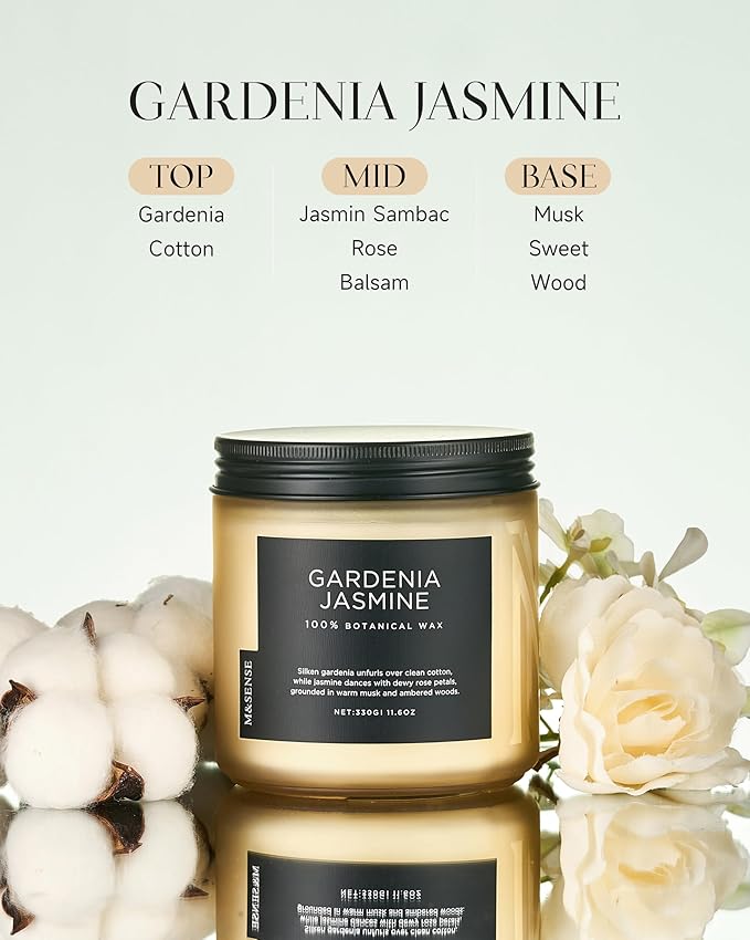 M&SENSE Gardenia Jasmine Scented Candle - 11.6oz Natural Soy Wax Clean Non Toxic 70-Hour Burn, 2-Wick Aromatherapy Candle for Bath & Office - Highly Scented Housewarming Gift for Mom Teacher Friends-Ruum Studio Home