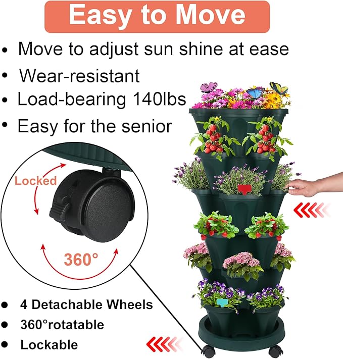 Vertical Planter, 6 Tier Stackable Strawberry Planter with Garden Tool Set, Movable Indoor/Outdoor Garden Herb Pot for Growing Vegetables and Succulents, Green-Ruum Studio Home