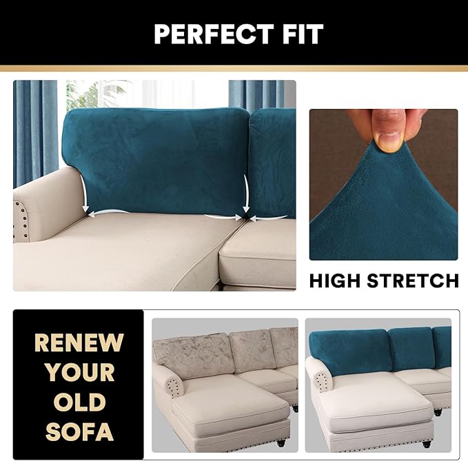 PrinceDeco Sectional Couch Covers Velvet Cushion Covers for Sectional Couch Washable Cushion Covers for Sectional Sofa Pet Friendly Sectional Sofa Slipcovers(1 Chaise Back+ 3 Sofa Back,Deep Teal)-Ruum Studio Home