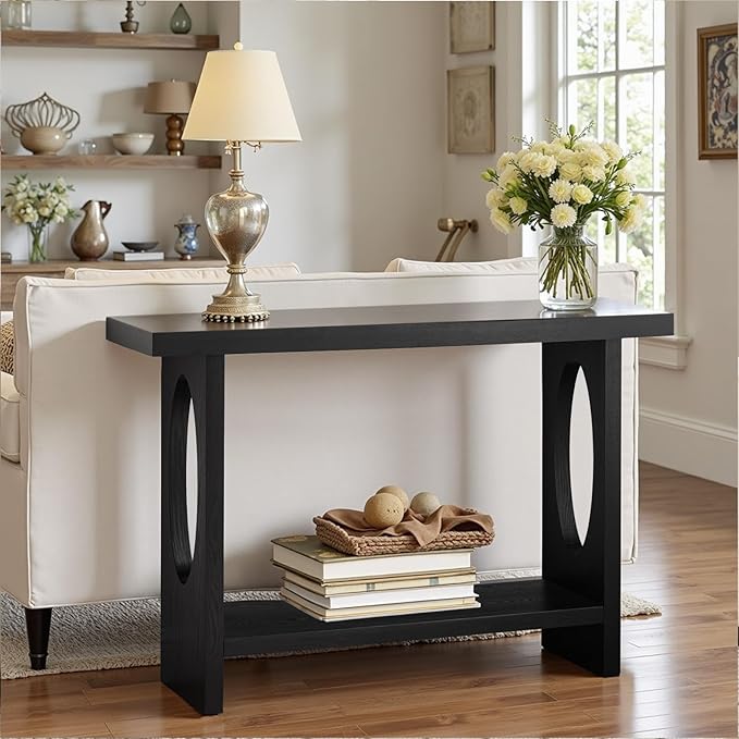 BECHAEO 47-Inch Modern Narrow Console Tables with Solid Wood Veneer - 2’’ Thickened Tabletop, 2-Tier Slim Sofa Table Behind Couch, Rectangle Entryway Table for Hallway Living Room, Black Oak-Ruum Studio Home