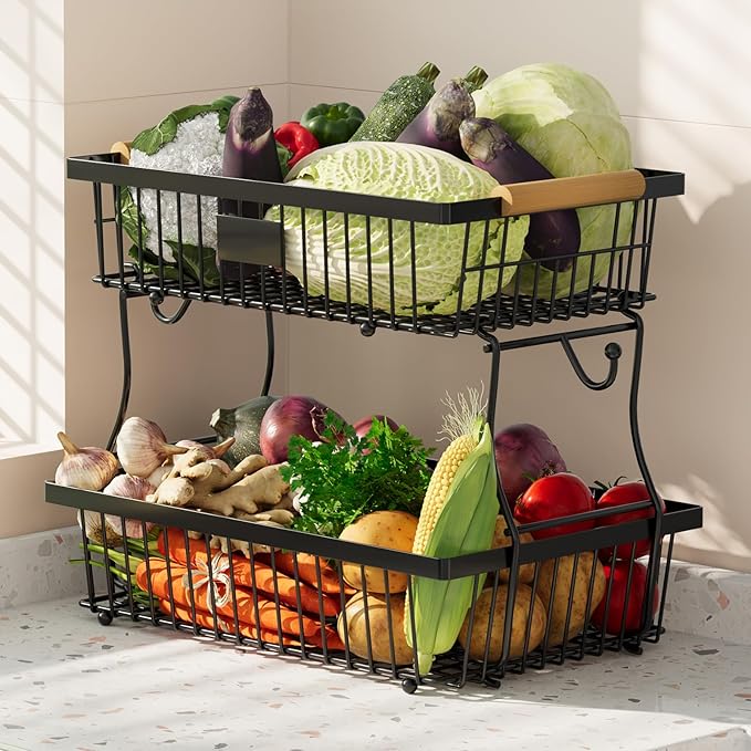 2 Tier Fruit Basket for Kitchen Counter with 2 Banana Hangers, Countertop Metal Fruit Bowl with Wooden Handle, Large Storage Stand for Vegetables, Snacks, Breads, Produce Storage – Black-Ruum Studio Home
