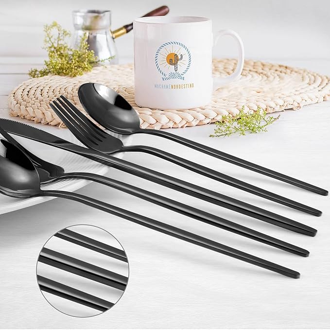 Black Silverware Set, KassKa 40 Pieces Flatware Cutlery Set, Stainless Steel Utensils Set Spoon Fork Knives Set for Home Restaurant and Kitchen, Mirror Polished Finished, Service for 8-Ruum Studio Home