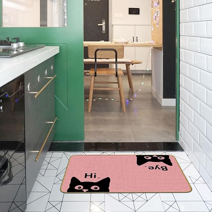 Mingnei Hi Bye Cat Welcome Doormat - Funny Black Cat Lover Floor Mat for Home Kitchen Entrance, 30x17 Pink-Ruum Studio Home