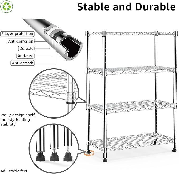 1000 lbs Storage Shelving 4-Tier Utility Shelving Unit Steel Organizer Wire Rack for Home,Kitchen,Office,Chrome (13.7" D x 23.6" W x 53.4" H)-Ruum Studio Home