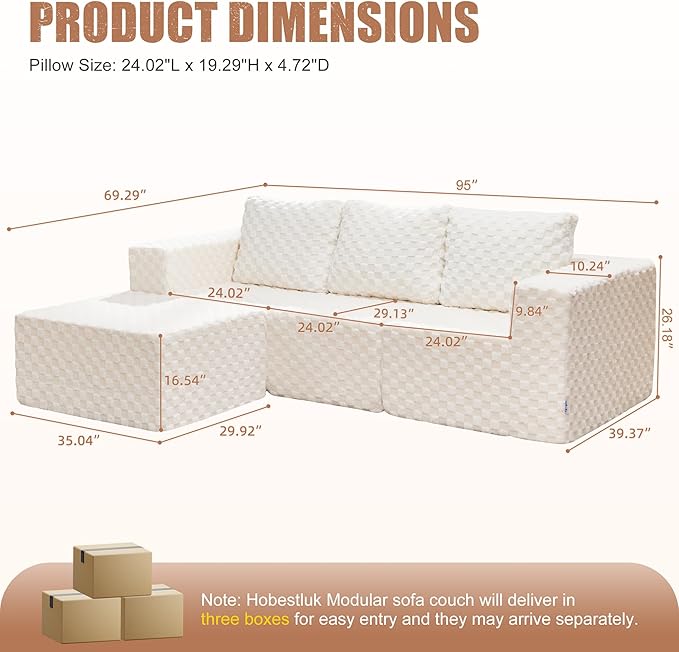 Hobestluk Modular Sectional Sofa Memory Foam Couch Oversized Sectional Sofa 3-Seater with Chaise Cloud Couch with Removable Cover L Shape Sofa for Living Room (Plush White, 3-Seater with Chaise)-Ruum Studio Home