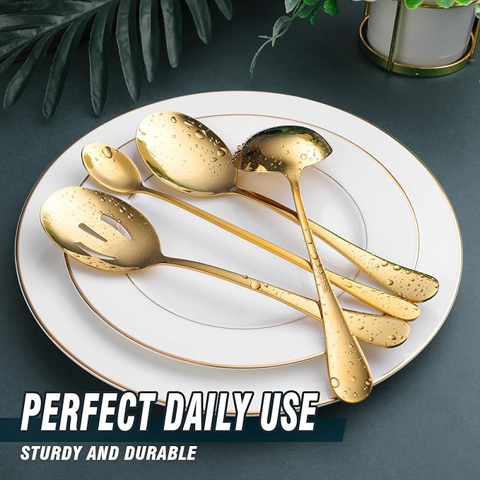 Gold Serving Utensils, OGORI 12-Piece Stainless Steel Serving Utensils Include Serving Spoons, Slotted Spoons, Serving Tongs, Serving Forks, Butter Knife, Stirring Spoon, Soup Ladle, Pie Server-Ruum Studio Home