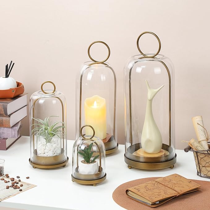 16" High Versatile Modern Metal Hurricane Lantern with Handmade Sturdy Glass Dome for Pillar Candle & Plants (Brass, 6.3"x16.5")-Ruum Studio Home