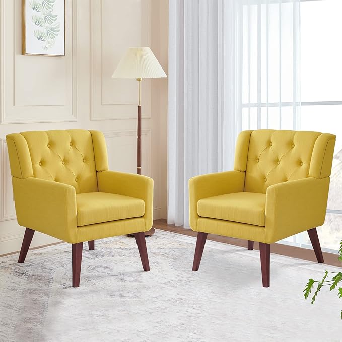 Accent Chair Button-Tufted Upholstered Living Room Chairs Comfy Reading Chair Mid Century Modern Chair with Linen Fabric Lounge Arm Chairs for Living Room Bedroom (Yellow Set of 2)-Ruum Studio Home