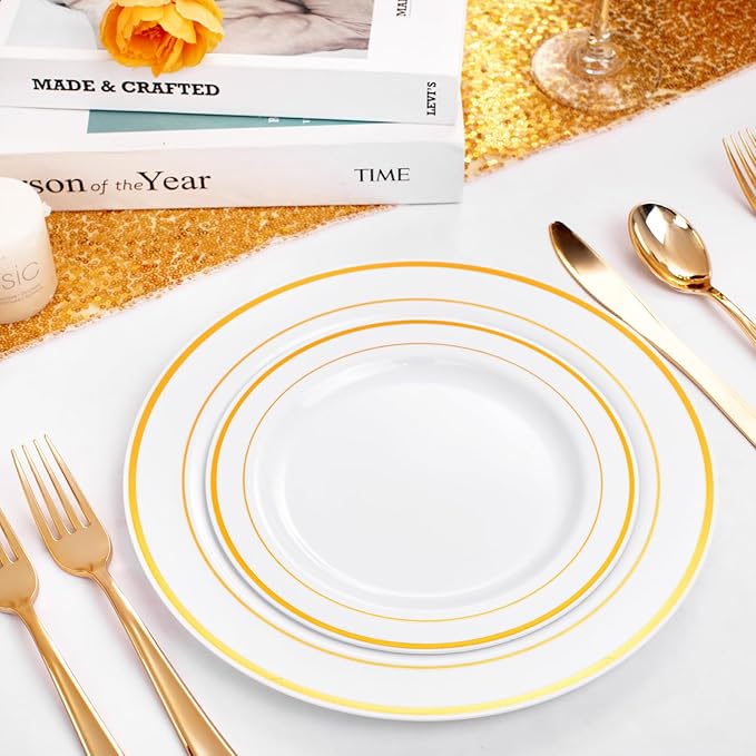 FLOWERCAT 60PCS Gold Plastic Plates - Heavy Duty White and Gold Plastic Plates Disposable for New Year/Thanksgiving Party/Wedding - Include 30PCS 10.25" Dinner Plates and 30PCS 7.5" Dessert Plates-Ruum Studio Home