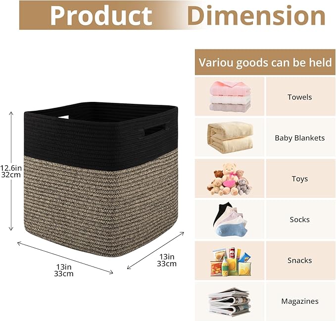OIAHOMY 13 Kallax Inch Cube Storage Bins, 3-Pack Cotton Rope Woven Baskets for Organizing, Kallax Insert Storage Baskets for Shelves, Baby Nursery, Closet Organizer, 13*13*12.6IN, Black & Mixed Brown-Ruum Studio Home