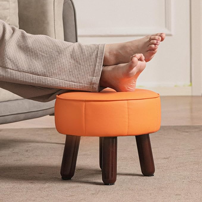 13in Small Foot Stool Ottoman, Round Faux Leather Foot Rest for Couch, Under Desk Pouf Footstool Footrest with Non-Skid Rubber Legs for Ling Room, Bedroom, 13''L x 13''W x 10.2''H, Orange-Ruum Studio Home