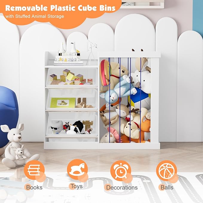 Kids Toy Storage Organizer with 3 Removable Plastic Bins Toddler Montessori Bookshelf with Stuffed Animal Net Holder Baby Bookcase Plush Organizer for Playroom,Bedroom,Kids Room,Classroom,Nursery-Ruum Studio Home