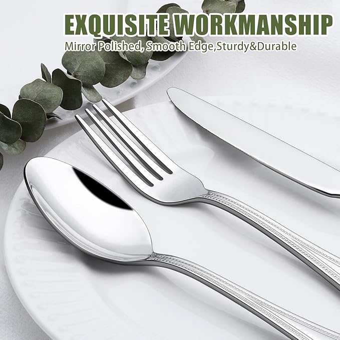 40 Piece Silverware Set for 8, Terlulu Stainless Steel Flatware Set, Mirror Polished Cutlery Set Utensil Set, Tableware Include Forks Spoons Knives for Home Restaurant, Beaded Handle, Dishwasher Safe-Ruum Studio Home