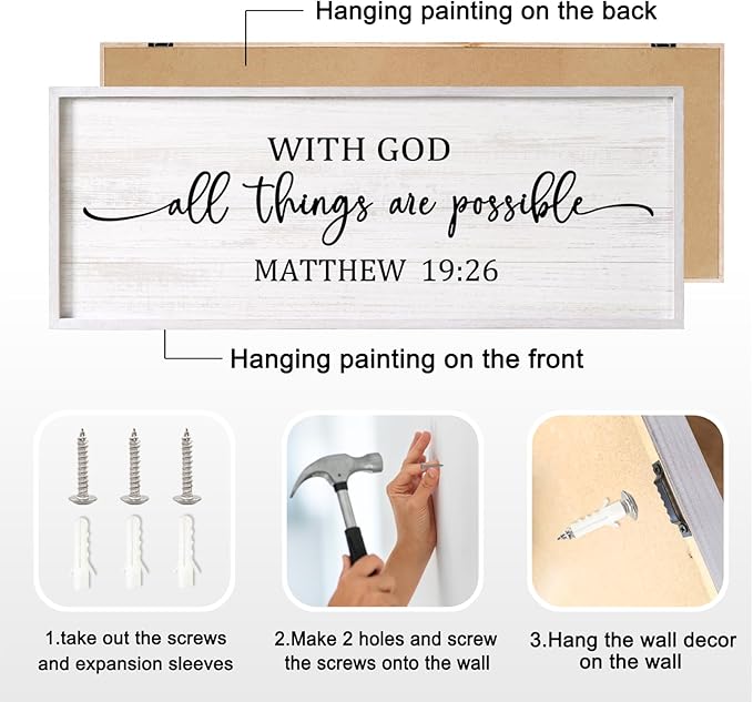 With God All Things are Possible Framed Wall Art, 40''×15'' Vintage Holy Religious Rustic Bible Verse for Christian God Jesus Christ Prayer, Positive Horizontal Inspirational Catholic Scripture Decor-Ruum Studio Home