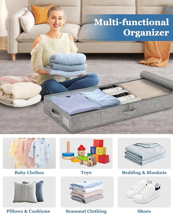 Cirhy Under Bed Storage Containers, 4.5 Inch Tall Low Profile Under Bed Storage with Sturdy Sidewalls & Bottom, UnderBed Storage for Clothes,Shoes, Pillow, Blankets Organizer, 2 Pack Grey-Ruum Studio Home
