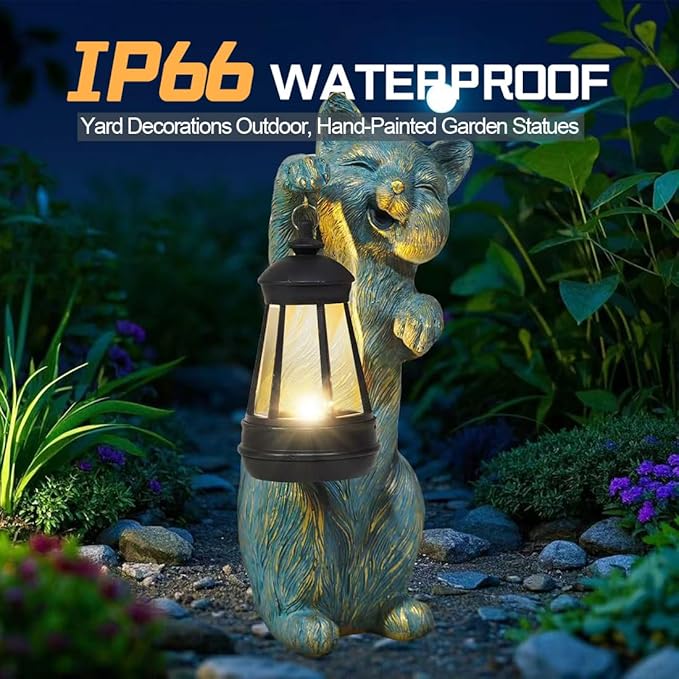 Garden Statues Cat with Solar Lantern Outdoor Bunny Figurines Decorations for Patio Yard Lawn Ornaments Gifts for Birthday Easter Housewarming Mother's Day-Ruum Studio Home