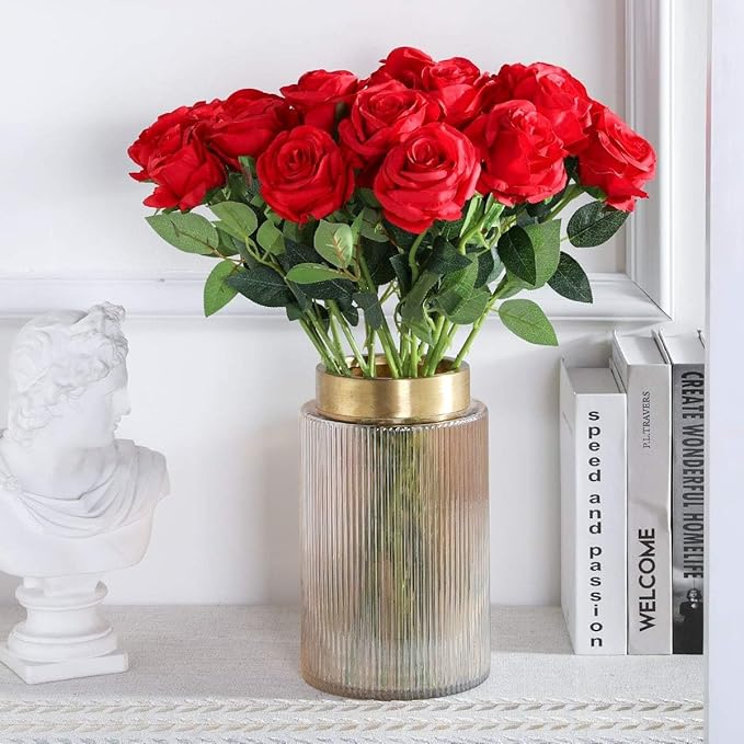 Red Fake Roses Artificial Flowers - 10 Pcs Fake Artificial Roses Silk Flowers with Stems for Home Wedding Hotel Office Centerpiece Decor-Ruum Studio Home